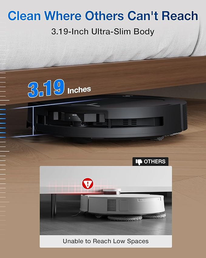 ecovacs deebot t50 pro omni robot vacuum and mop, 3.19” ultra slim, 15,000pa suction, zerotangle 2.0, truedge edge cleaning, aivi 3d obstacle avoidance, auto mop wash & dry, self emptying