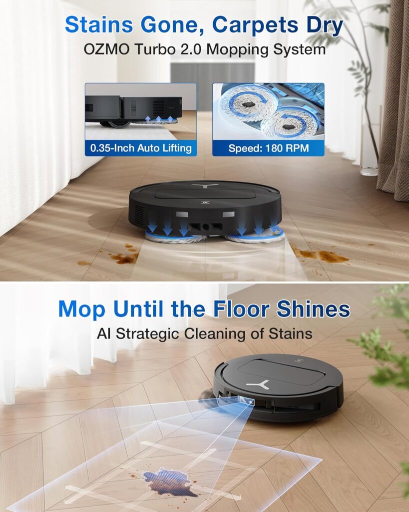ecovacs deebot t50 pro omni robot vacuum and mop, 3.19” ultra slim, 15,000pa suction, zerotangle 2.0, truedge edge cleaning, aivi 3d obstacle avoidance, auto mop wash & dry, self emptying