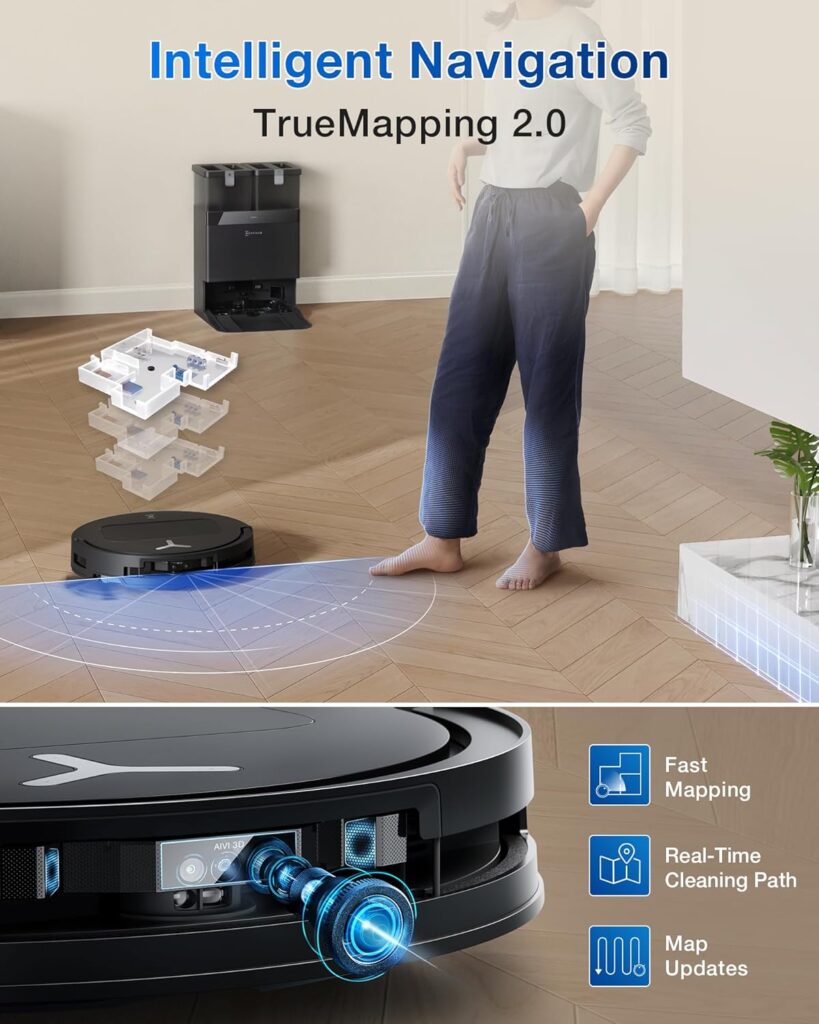 ecovacs deebot t50 pro omni robot vacuum and mop, 3.19” ultra slim, 15,000pa suction, zerotangle 2.0, truedge edge cleaning, aivi 3d obstacle avoidance, auto mop wash & dry, self emptying